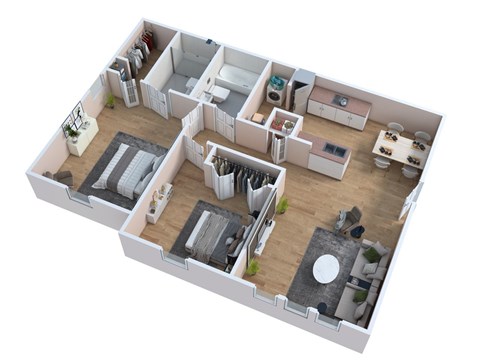 A 3D floor plan of a house showing a living room, kitchen, and two bedrooms.